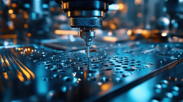 Drill press chuck and drill bit aligned with punched mark on metal sheet