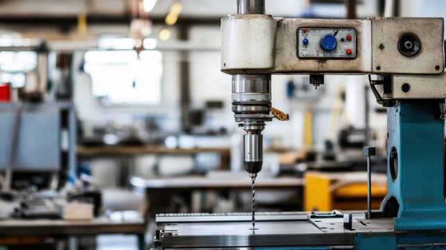 Drill press with depth gauge and power feed mechanism on metalworking bench