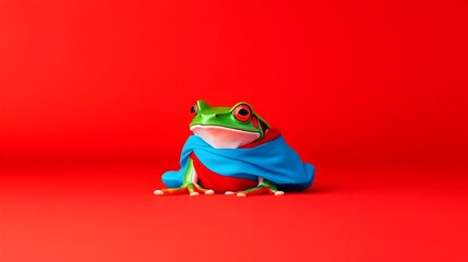 Naklejka premium A vibrant green tree frog, adorned in a red and blue cape, sits against a bold red backdrop. Its bright eyes and serene posture are striking