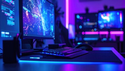 Neon-lit desk with multiple monitors showing code and digital images. Focus on keyboard