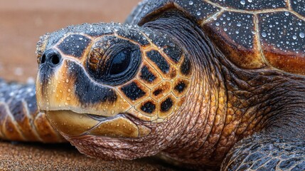 Obraz premium Sea turtle head, closeup on sand, detailed skin texture, water droplets scattered over its face and shell edges