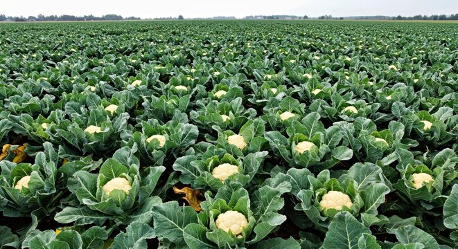 High Quality Panoramic Photograph of Vast Cauliflower Field Vegetable