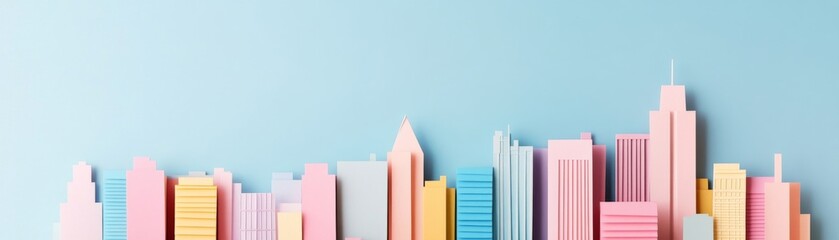 Pastel Paper Cityscape on Blue, Minimalist ,Creative