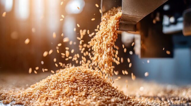 Rice milling machine processing harvested rice grains in an industrial setting