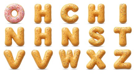 Realistic 3D Alphabet Letters Baked Donuts with Colorful Sprinkles Isolated