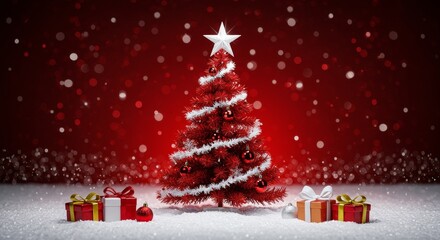 Obraz premium Realistic 3D Christmas Tree with Red Background Snow and Gifts Illustration