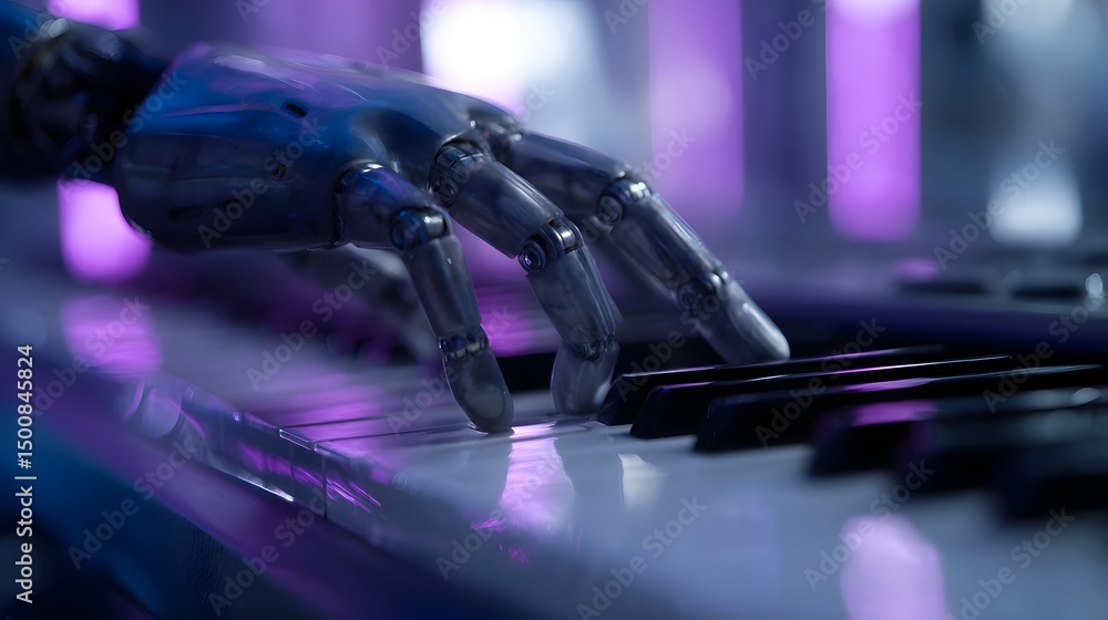 Poster robotic hand typing on a transparent futuristic keyboard in a neon lit lab
