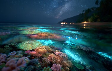 Vibrant Bioluminescent Coral Reef at Night Under Starlit Sky