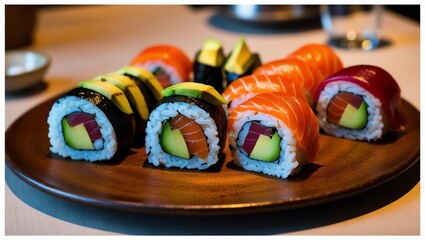 Delicious Sushi Rolls: Fresh Salmon, Avocado, and Vibrant Colors Abound