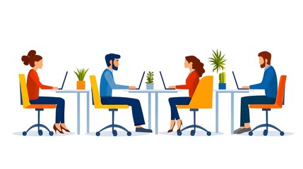 Four colleagues work side-by-side at shared desks with laptops, plants, and office chairs