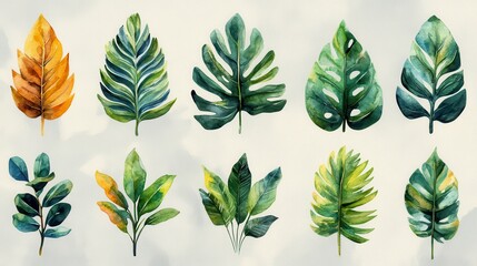 Watercolor leaves show variety, including vibrant shades of green, yellow, and a touch of brown