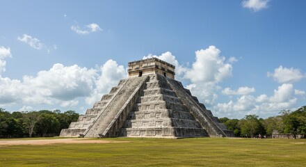 Photo Of Chichen Itza Pyramid Under Blue Sky With Clouds And Green Landscape