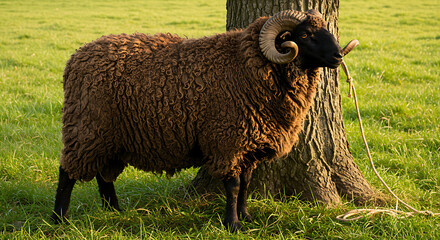 a ram with thick wool tied to a tree above the grass