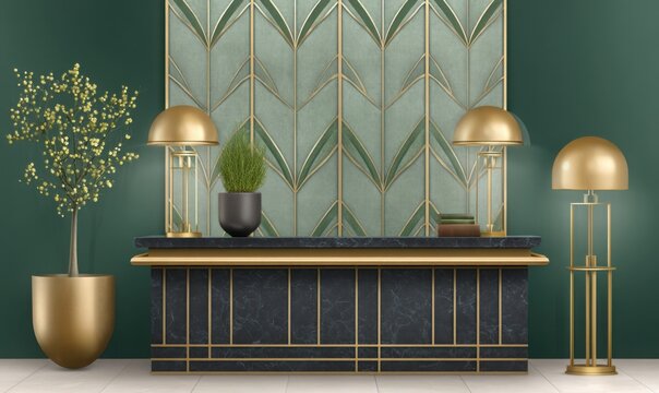 art deco office interior with brass detailing, black marble desk, geometric patterns, vintage gold lamps