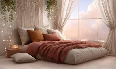 boho bedroom with layered macrame, artisanal linens, floor mattress, string lights and soft dappled sunset light, tones: terra cotta, sand, almond 