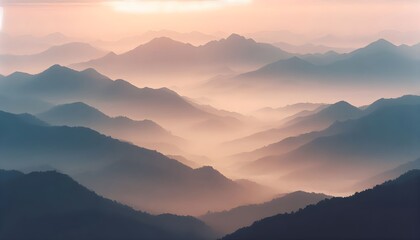 Obraz premium Misty mountain range at sunrise with soft pastel colors and layered fading silhouettes creating a peaceful dreamy landscape