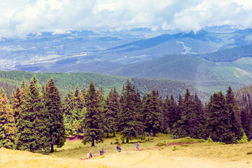 landscape of a Carpathians mountains with tourists