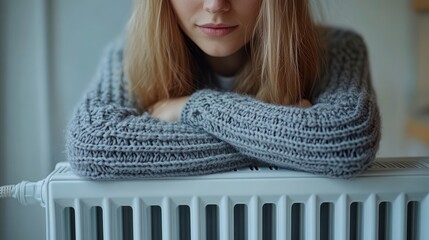 Girl in sweater rests on heater, partial portrait