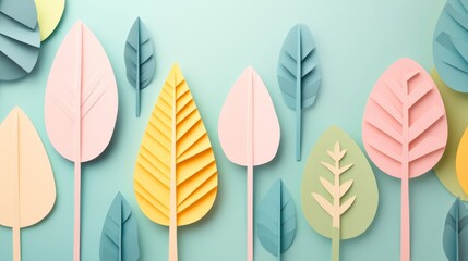 Fototapeta premium Pastel Paper Leaf Forest Whimsical 3D Art on Teal Background, Papercraft , Pastel colors