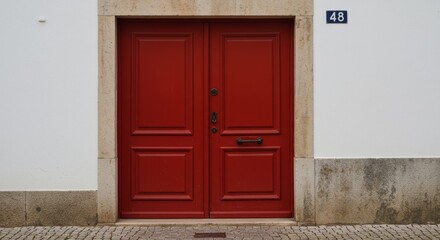 Red Wooden Double Door Exterior Against White Wall in Sunlight Photo