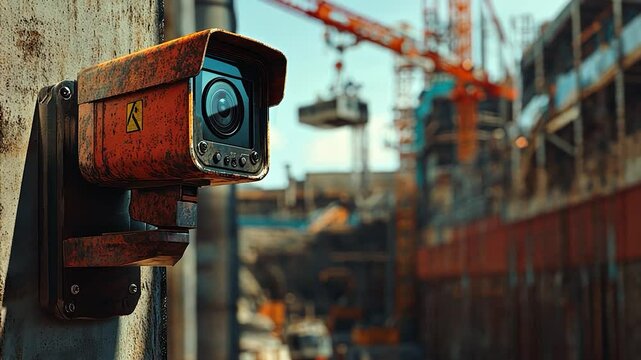 Rusty security camera mounted on a wall, overlooking a blurry construction site