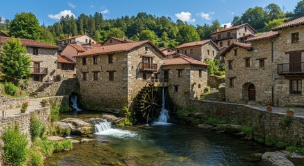 Scenic Photo of a Traditional Stone Village with Water Wheel in Valley Landscape
