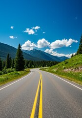 Fototapeta premium Scenic Road Winding Through Lush Mountain Landscape Under Bright Blue Sky Photo