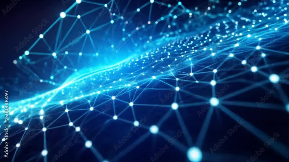 Aufkleber abstract blue digital data and network connection with glowing dot on dark background