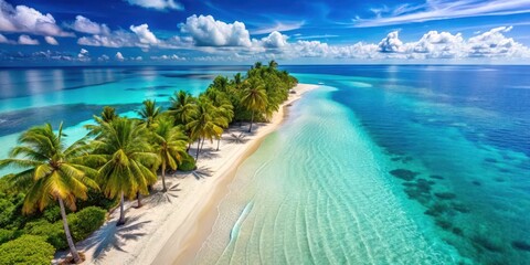 A pristine, idyllic beach paradise with lush palm trees, crystal-clear turquoise waters, and soft white sand, a perfect tropical escape
