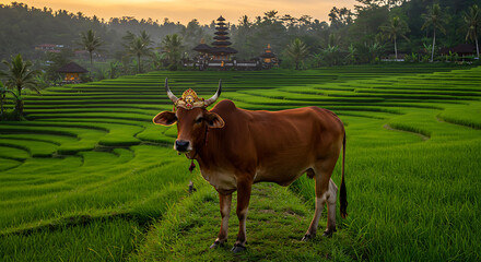 Seekor sapi Bali berwarna cokelat kemerahan dengan kaki dan pantat berwarna putih, berdiri di sawah terasering Bali yang hijau subur. Di kepalanya terpasang hiasan tradisional Bali, dan latar belakang
