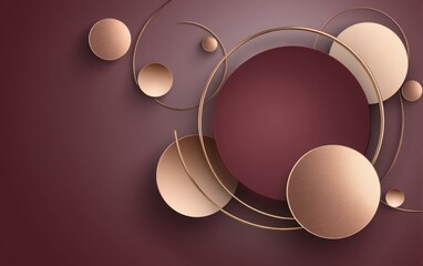 deep burgundy red abstract background with 3D copper and bronze metallic geometric shapes
