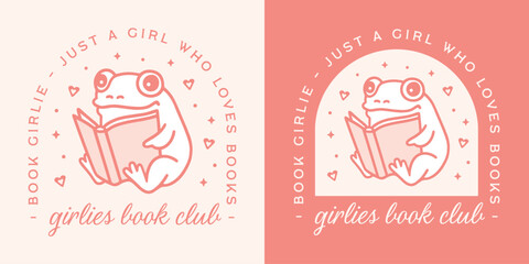 Girls book club romance lovers funny quotes girlies sayings just a girl who loves books badge sticker shirt design. Preppy coquette pink animal frog reading illustration drawing girly aesthetic print.