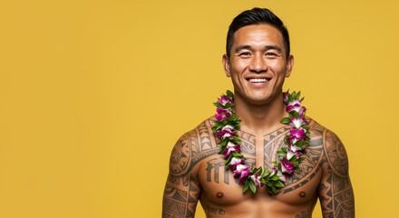 Photo Portrait of Polynesian Man With Floral Lei and Tattooed Torso Against Yellow Background
