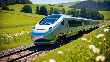 Fototapeta premium Sleek Silver Bullet: A Modern High-Speed Train Gliding Through Green Fields