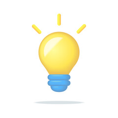 3d cartoon style minimal yellow light bulb icon. Idea, solution, business, creative, electricity, inspiration, strategy concept. Design isolated. Simple lamp object symbol.