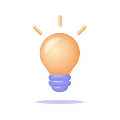 3d cartoon style minimal yellow light bulb icon. Idea, solution, business, creative, electricity, inspiration, strategy concept. Design isolated. Simple lamp object symbol.
