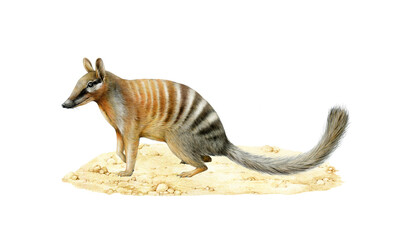 Numbat Australia native animal watercolor illustration. Myrmecobius fasciatus Australian marsupial endemic mammal isolated on white background. Numbat side view standing on sandy ground
