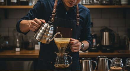 Photo Professional Barista Pouring Coffee Into Filtered Beverage with Dark Wooden Background
