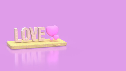 The Love wood text and Pink Heart on mobile  for  romance concept 3d Rendering.