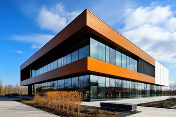 Obraz premium New Office Building. Modern Business Exterior Architecture against Clear Blue Sky