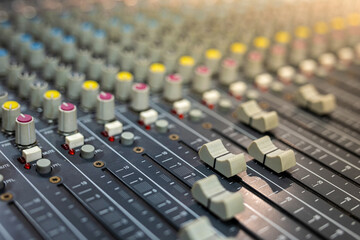 Fototapeta premium Close-up of sound mixer audio for sound record control system or concert in studio.