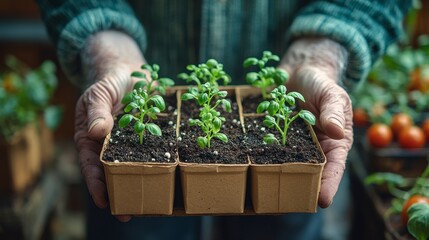 Seedling trays held, earthy hues