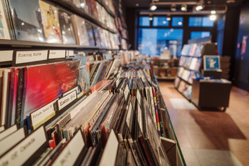A close-up view of neatly organized vinyl records in a vintage-style music store. The records are...