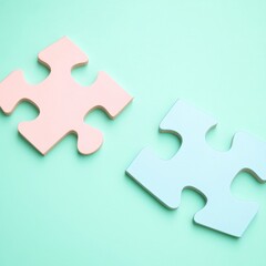 Obraz premium Pastel Puzzle Pieces Connection Concept on Mint Background, jigsaw , teamwork