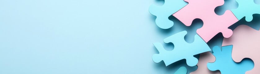Pastel Puzzle Pieces Colorful Solution Concept on Light Blue Background, jigsaw, problem-solving