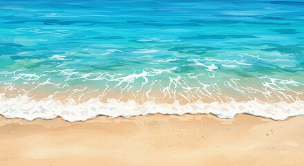 Pixelated Beach Scene Showing Turquoise Ocean Waves and Golden Sand Photo