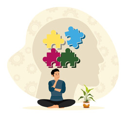 Mindfulness concept. Man Thinking with Puzzle Pieces and a Thoughtful.