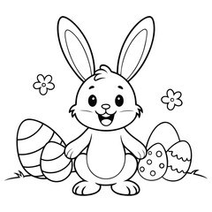 Happy easter bunny with decorated eggs and spring flowers in a black and white outline