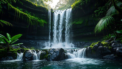 Obraz premium Serene Waterfall Nature Wallpaper Lush Green Paradise, High-Resolution Download