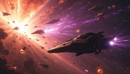 Epic space battle illustration features fleets of starships colliding. Cosmic clash unfolds with intensity, drama in universe. Futuristic concept art shows galactic war with explosions, ships firing